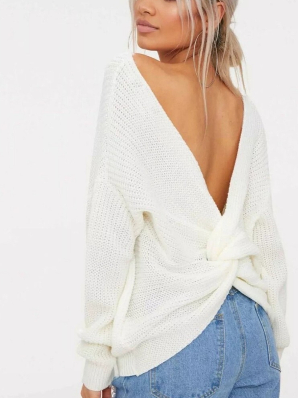 PrettyLittleThing Womens Cream Twist Back Knit Plus Sweater Jumper NWT Size 3XL